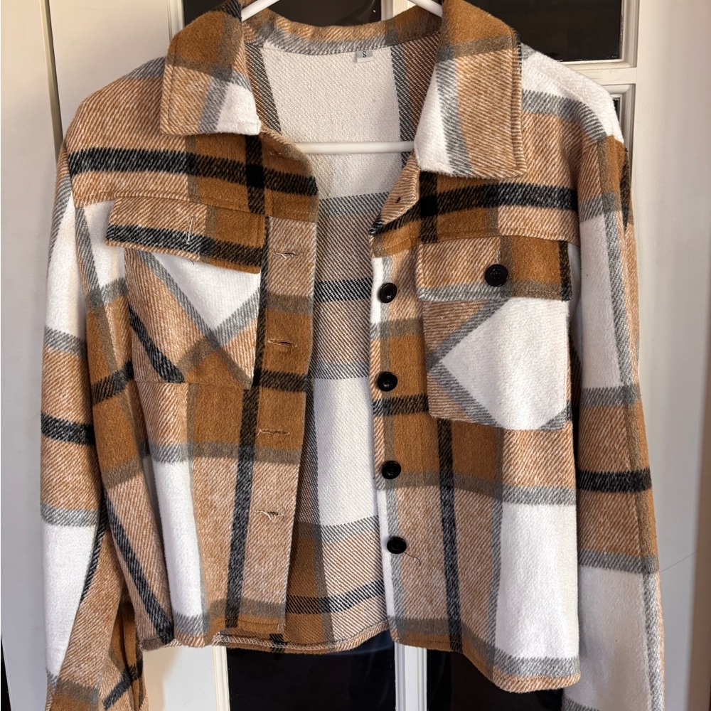 Plaid Tan and White Women's Jacket